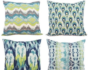 15% OFF SALE One Blue and Green Ikat Pillow Cover - Decorative Pillow - Blue Ikat Pillow - Green Ikat Pillow - Ikat Pillow Covers