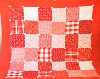 Vintage Red White Patchwork Quilt, Small Handmade Throw or Picnic Blanket, Checkers Gingham Polka Dots, Country Farmhouse