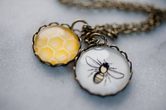 Bee and Honeycomb Necklace - Double Pendant Lace Vintage Bee Jewelry - Free Shipping For The Love Of Bees