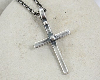 cross sterling silver handmade necklace cord hammered pendant chain