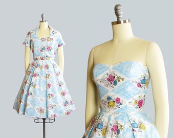 Vintage 1950s Dress Set | 50s Rose Harlequin Floral Print Cotton Strapless Full Skirt Bolero Jacket Sundress (xs/small)