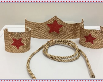 Wonder Woman Accessories; Crown, Wrist Bands, Rope; Baby to Adult Sizes