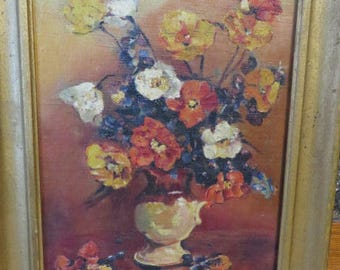 Oil on Canvas Painting Poppy Flowers Vase Golds Whites Blues & Oranges // Antique Gold Frame Wired for Hanging // Authentic Oil Painting