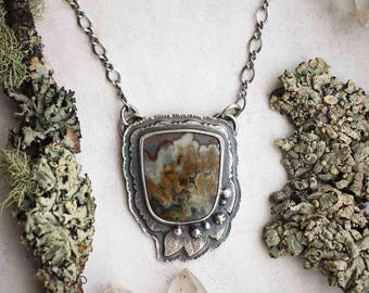 The Breath of Trees Necklace - Prudent Man Agate Leaf Pendant - Silversmith Forest Jewelry - Artisan Metalwork - Rustic Woodland Jewelry