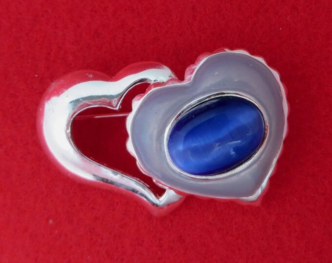 AAI Blue Heart Brooch, Blue Cat's Eye Brooch, Signed AAI Pin, Vintage Enamel Hearts Pin, Silvertone Double Heart Pin