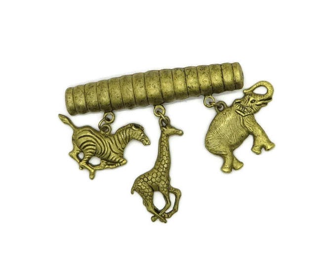 Jungle Animal Brooch, Dangling Animals Pin, Zebra, Giraffe, Elephant Brooch, Vintage Goldtone Brooch, FREE SHIPPING