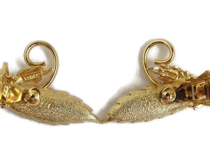 Signed ROMAN Earrings, Vintage Goldtone Leaf Earrings, Designer Clip-on Earrings, Gift for Her
