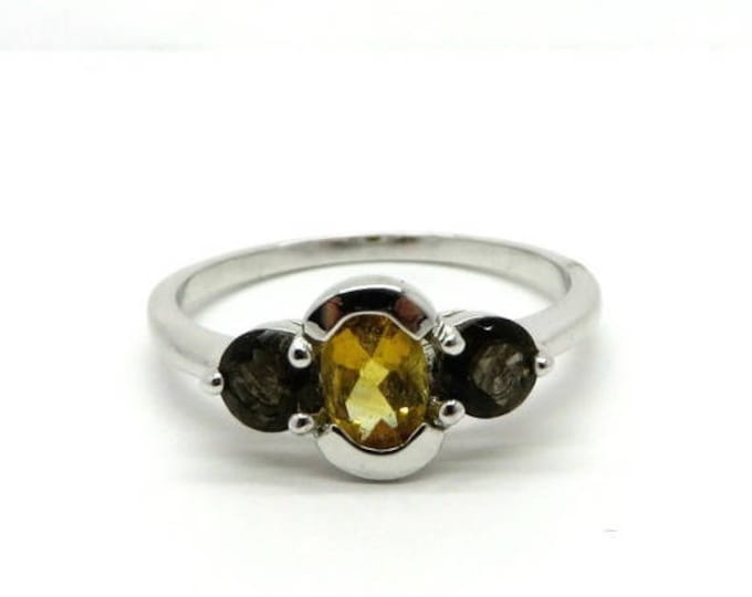 Citrine Sterling Silver Ring, Vintage Multistone Amber and Yellow Ring, Size 7