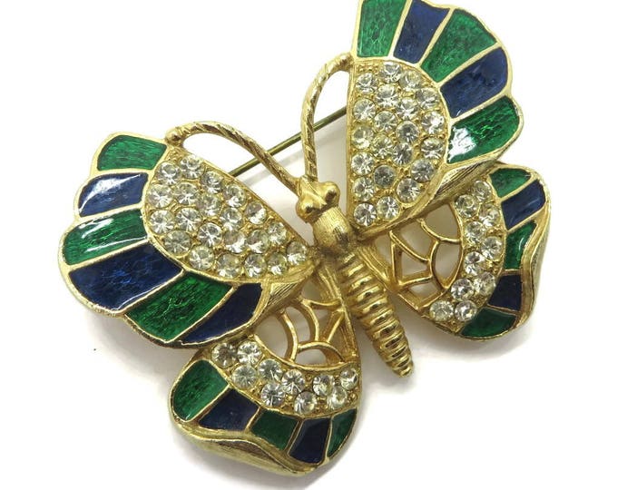 Vintage Brooch - Weiss Butterfly Brooch, Enamel Butterfly Pin, Rhinestone Butterfly Brooch, Blue and Green Pin, FREE SHIPPING