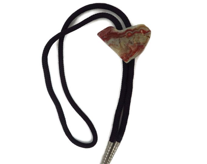 Polished Stone Bolo, Vintage Rust & Mushroom Stone Pendant Tie, Men's Accessory Gift for Him