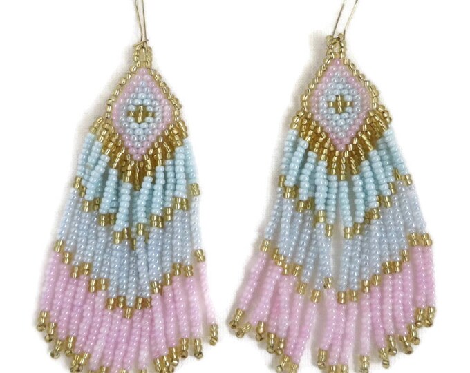 Vintage Seed Bead Earrings, Pink, Blue, Gold Dangling Pierced Earrings, Tribal Jewelry