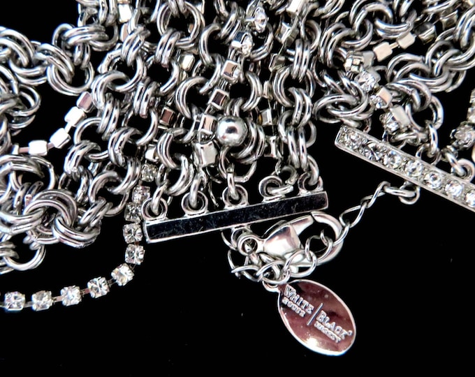 White House Black Market Chain Link Necklace, Vintage Multistrand Rhinestone Silver Tone Statement Necklace