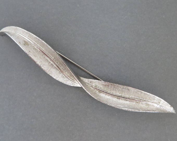 Coro Pegasus Leaf Brooch, Vintage Matte Silver Tone Wide Leaf Pin, Gift for Her