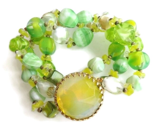 Vintage Bracelet - Hattie Carnegie Crystal Bracelet, Three Strand Green Glass Bracelet, Designer Signed Bracelet