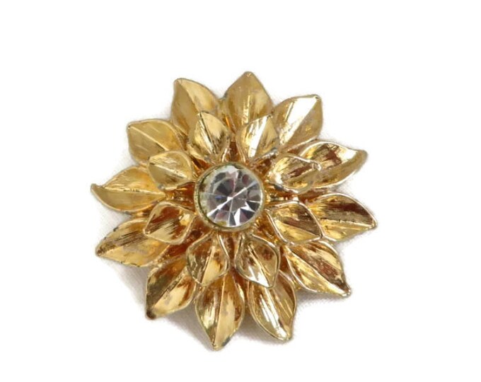 Gold Tone Flower Brooch, Vintage Rhinestone Center Floral Pin, Perfect Gift, Gift Box