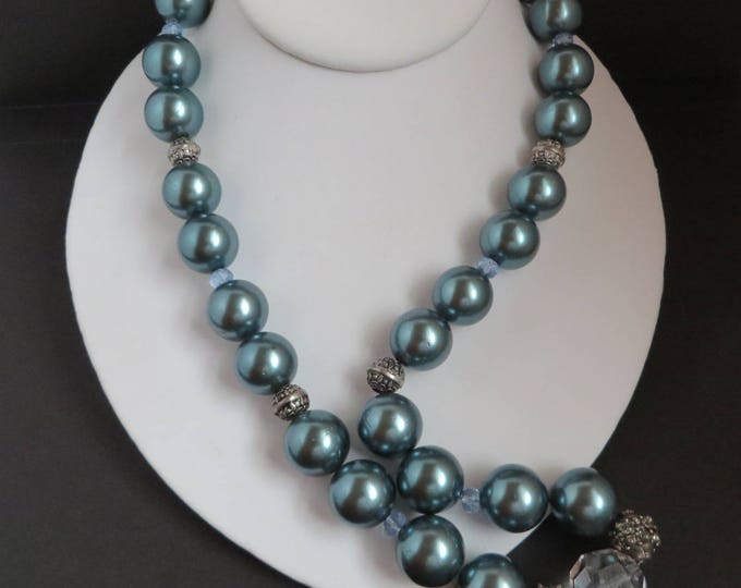 Chunky Teal Blue Beaded Necklace, Vintage Glass Bead Necklace, Gift for Her