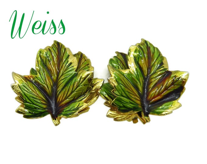 Weiss Leaf Earrings, Vintage Green Leaf, Signed Weiss Jewelry Gold Tone Clip-on Earrings