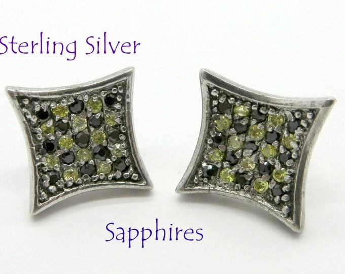 Vintage Sapphire Pierced Earrings, Sterling Silver Studs, Checkerboard Earrings