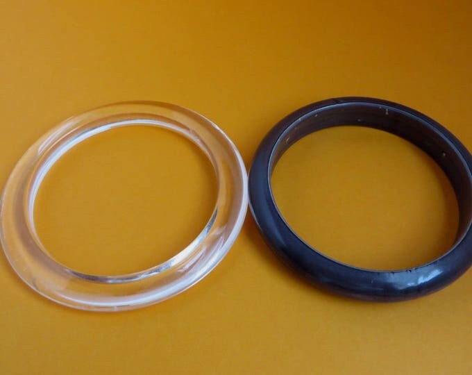 Lucite Bangle Pair, Vintage Clear Lucite and Gray Plastic Bracelet Duo, Gift for Her, Gift Box