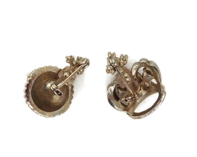 Royal Crown Brooches - Vintage Bejeweled Crown and Globus Cruciger Pins, Faux Rhinestone, Faux Pearl Pins