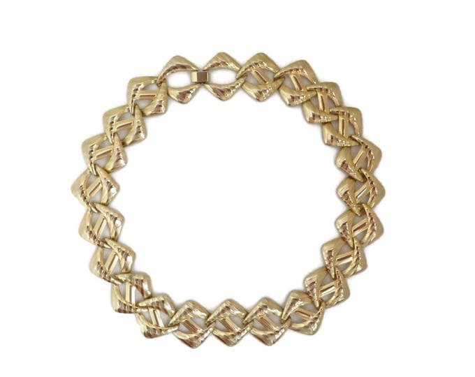 Vintage Tailored Link Necklace, Gold Tone Diagonal Striped Necklace, Gift for Her