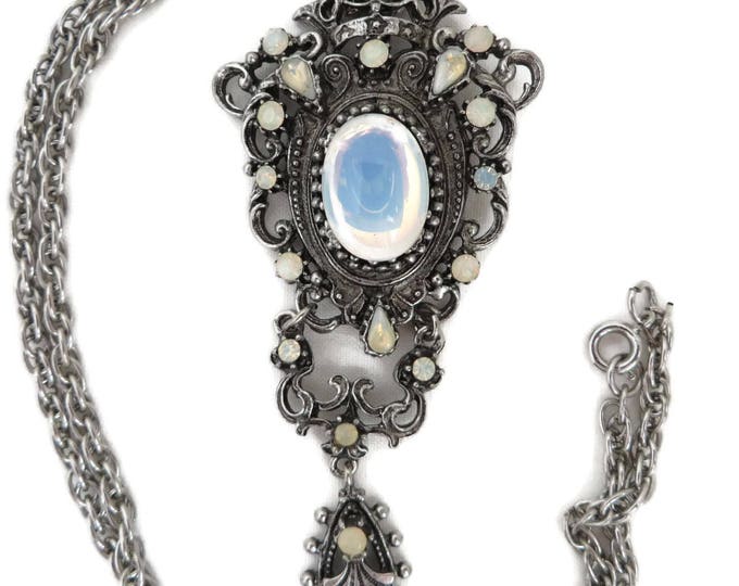 Vintage Opal Moonstone Pendant Necklace | Victorian Style Dangling Pendant | Glass Stone Chain Link Necklace