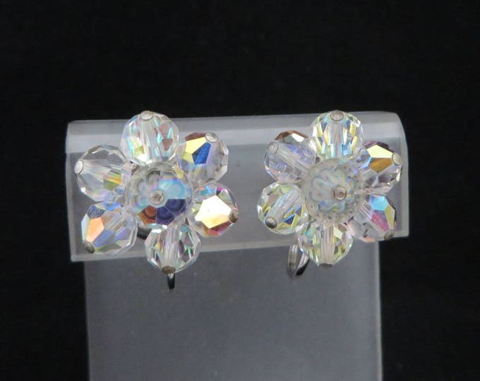 Vintage Crystal Flower Earrings | Silver Tone Cluster Clip-on Earrings