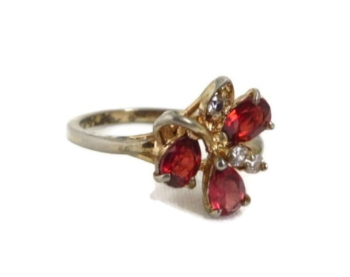 Faux Garnet Cocktail Ring, Vintage Gold Plated Sterling Silver Multi Stone Ring, Size 6.5
