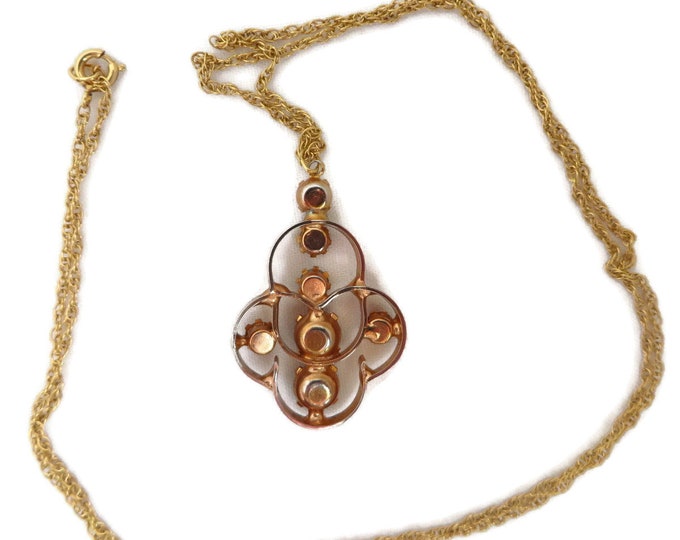 Vintage Orange Rhinestone Pendant, Gold Filled Chain Link Necklace, 24" Length