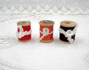 Vintage Wooden Spools of Thread-Set of Three-Red, Orange, Burgundy