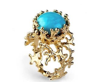 SALE 20% Off - CORAL Turquoise Ring, Gold Turquoise Ring, Women's Turquoise Ring, Gold Statement Ring, Turquoise Gemstone Ring