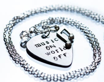 Music On World Off Guitar Pick Necklace, Music Necklace, Musician Gift, Music Lover, Band, Music Jewelry
