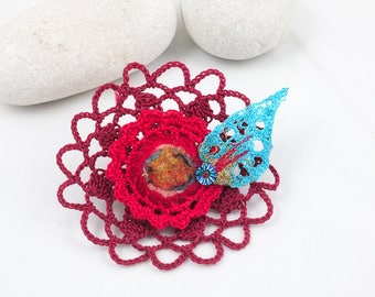 Textile brooch-Crochet lace brooch, Red-Turquoise embroidery leaf