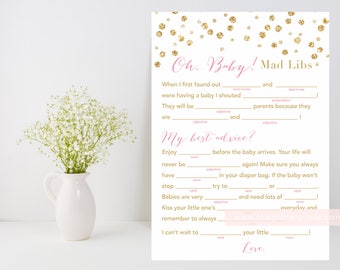 Baby Shower Mad Libs, oh baby mad libs printable game, pink gold confetti baby shower game, baby fill in the blank, INSTANT DOWNLOAD 008