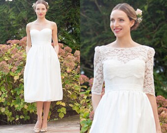 Tea length wedding dress/ 50s retro wedding dress/ strapless bustier satin wedding dress/ lace bolero/ bolero sleeves/ Robe de mariée courte