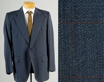 SALE Mens Vintage 70s Mod Blue Pinstripe Windowpane Jacket Sportcoat Wide Lapel 42 43