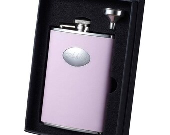Personalized Flask for Women, 8oz. Pink Leather Stainless Steel Hip Flask Set, Wedding Flask, Bridesmaid Gift, Anniversary Gift -VSET34-1125