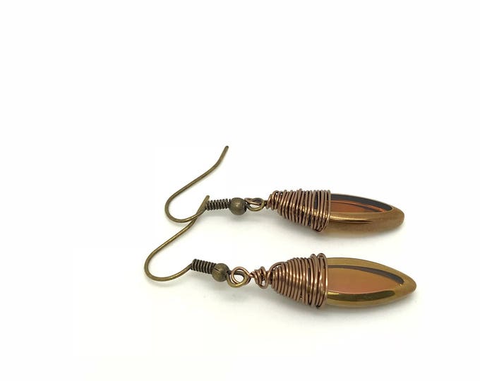 Brown Gold Drop Earrings, Small Unique Wire Wrapped Dangle, Gold Brown Earrings, Brown Wire Wrapping Jewelry, Gold and Brown Earrings