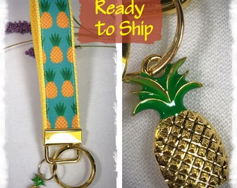 Pineapple fob key. Mini key fob.Pineapple lanyard. Pineapple wristlet Pineapple ribbon.Pineapple keychain. Pineapple charm. Ribbon keychain