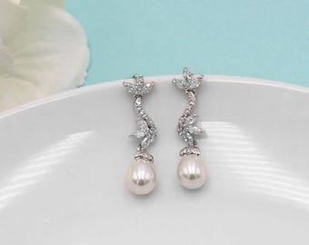 SALE Ends Monday Pearl cz earrings, cubic zirconia earrings, wedding jewelry, bridal jewelry, wedding earrings, bridal earrings 498942506