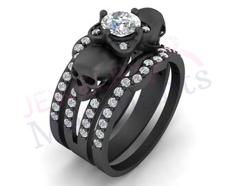 gothic engagement ring set 250 ct white sapphire round cut 925 sterling silver 14k black gold - Skull Wedding Ring Sets gothic engagement ring set 250 ct white sapphire round cut 925 sterling silver 14k black gold - Skull Wedding Ring Sets