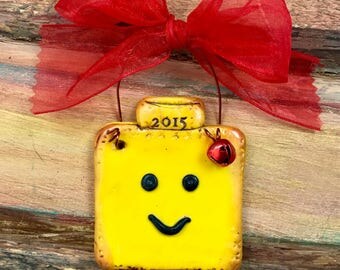 Personalized Lego Inspired Man / Building Block / Emmet / Movie / Yellow Block Head Polymer Clay Keepsake Ornament