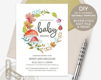 Fall Baby Shower Invitation - DIY Template, Buyer Edits & Prints, Autumn Baby Shower Invitation, Woodland Baby Shower Invitation