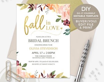 Fall Bridal Shower Invitation - Fall Bridal Brunch Invitation, Fall in Love Bridal Shower Invitation, DIY TEMPLATE, Buyer Edits