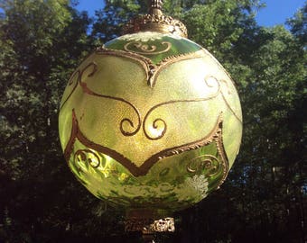 Vintage Green Swag Light, Vintage Green Swag Lamp, Pendant Light, Embossed Green Globe, Ornate Green Swag, Filigree Fitter
