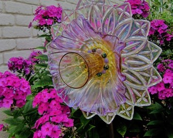 glass garden flower- glass plate flower- upcycled glass art-plate flowers-garden decoration-gardener gift- cranberry-plum-flower stake