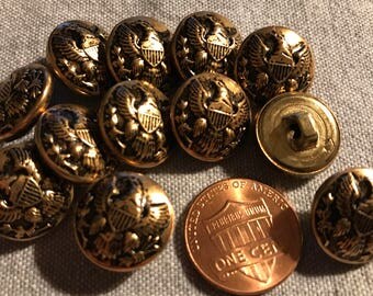 12 Hollow Puffed Domed Brass Tone Metal Eagle Buttons Almost 5/8" 15.2mm # 8326