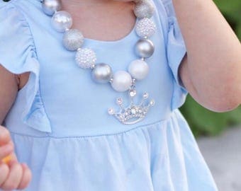 Princess Crown Necklace, White and Silver Chunky Bubblegum Necklace, Princess Party, Girl Toddler Princess Jewelry, 1st Birthday Necklace
