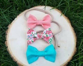 Baby girl headbands - set of 3 - nylon bow set - nylon headband set - hair bow set - pink bow - floral bow - teal bow - nylon bow headbands