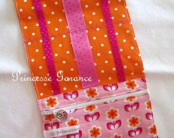 Pouch/Pocket barrettes and elastics cotton pink/orange flowers - in stock